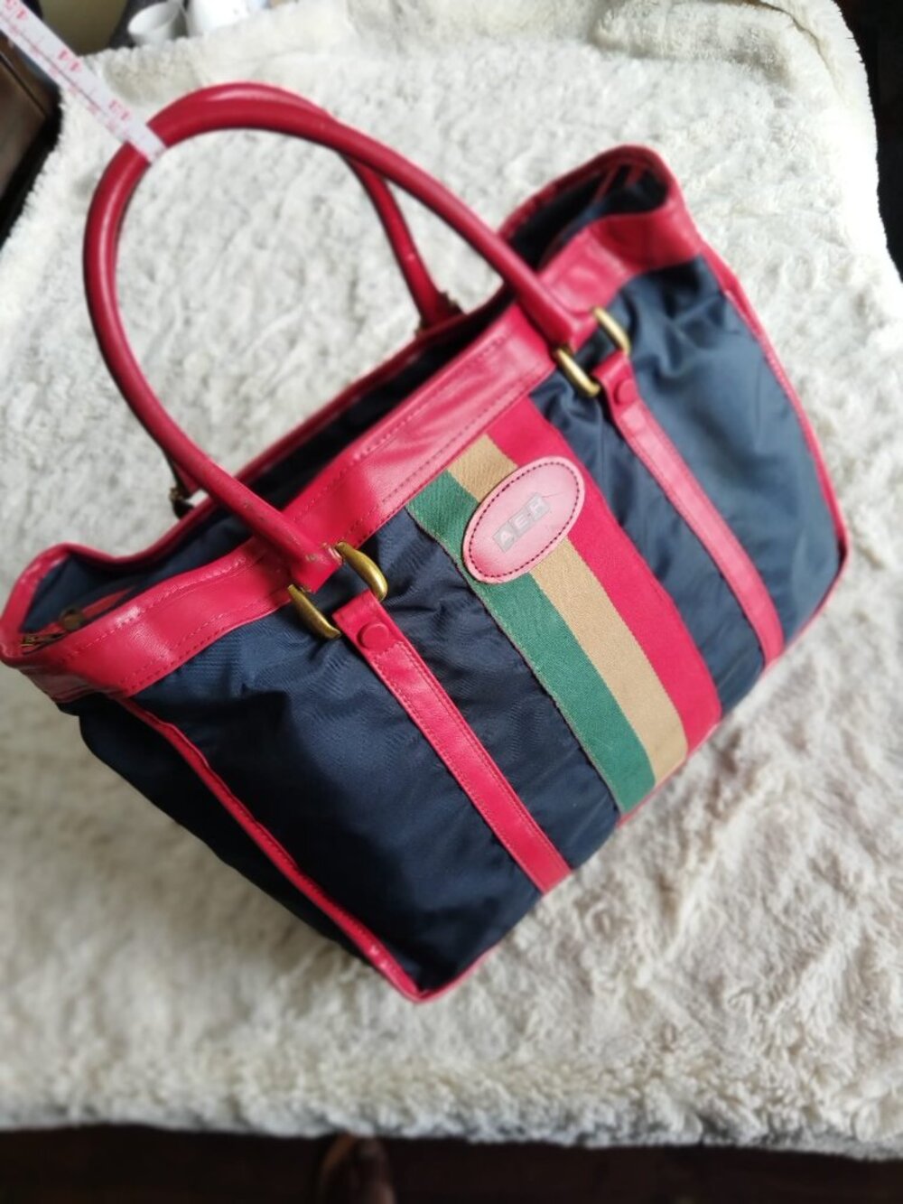 Lark Luggage Vintage Webbing Stripe Travel Duffel Tote Bag Navy Red Green AEH